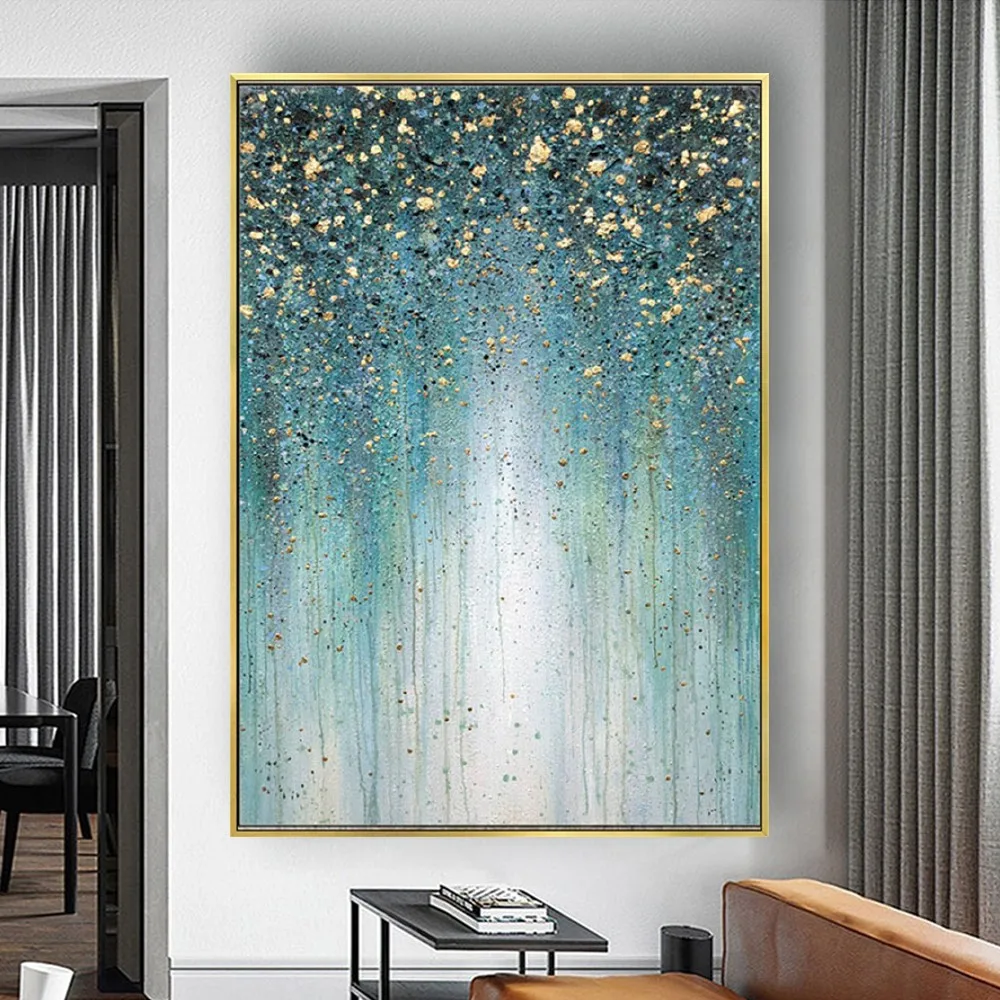 

High Quality Handmade Thick Knife Abstract Oil Painting Gold Blue Gorgeous Mural For Home Living Room Decor Artworks As A Gift