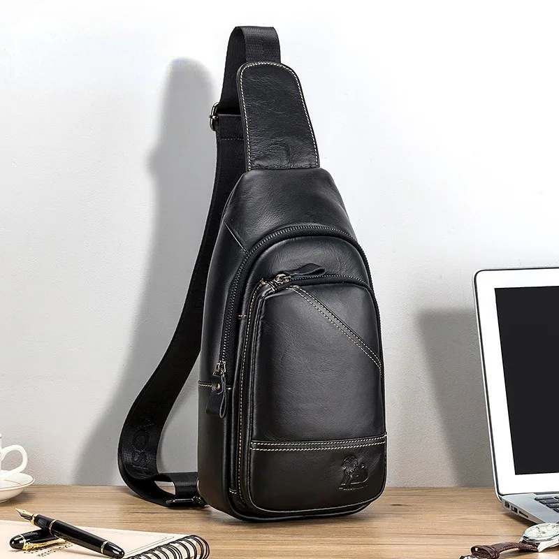 Men's Chest Bag Male Leather First Layer Cowhide Casual Men's Crossbody Bag Single Shoulder Bag New Style Fashion Dark Brown