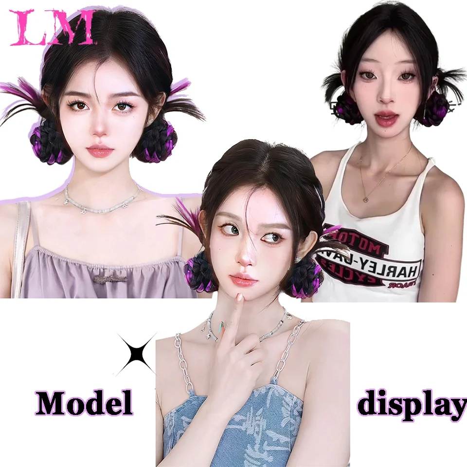 LM 블랙 퍼플 하이라이트 깃털 브레이드 번 클로 클립 합성 가짜 헤어 시뇽 헤어피스 Y2K 소녀들을 위한 데일리 스타일링