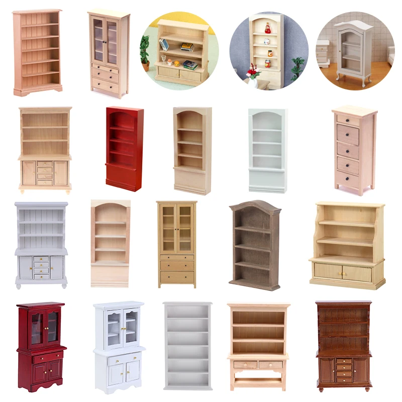 1Pcs Dollhouse Miniature furniture Bookcase Display Shelf Modern Style Wood Bookcase Doll House Toys solid wood desktop bracelet earrings shelf doll up to molly hand held storage table trapezoidal jewelry display stand