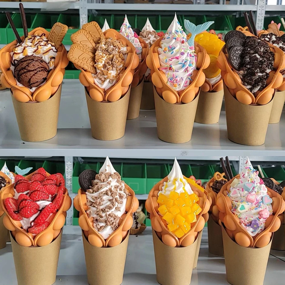 Fruits Bubble Waffle Model Ice Cream Order Display Sample Decoration Artificial Plastic Street Snacks Long Life Whipped Cream food model kitchen food toys