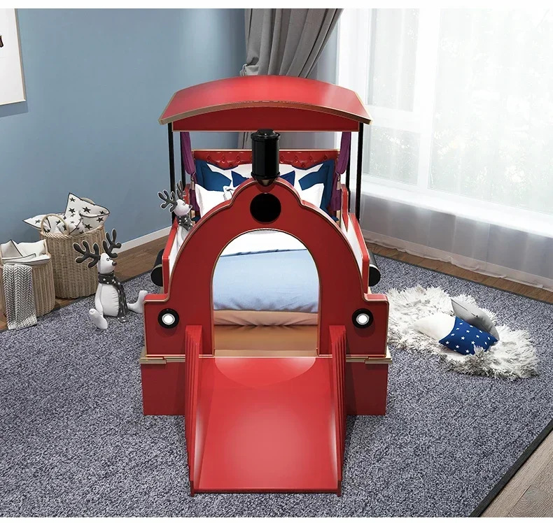 Luxury Children Bedroom Furniture Sets Double Bed Simulation Car Modeling and Slide Design Solid Wood Kids Bed Blue for Boy