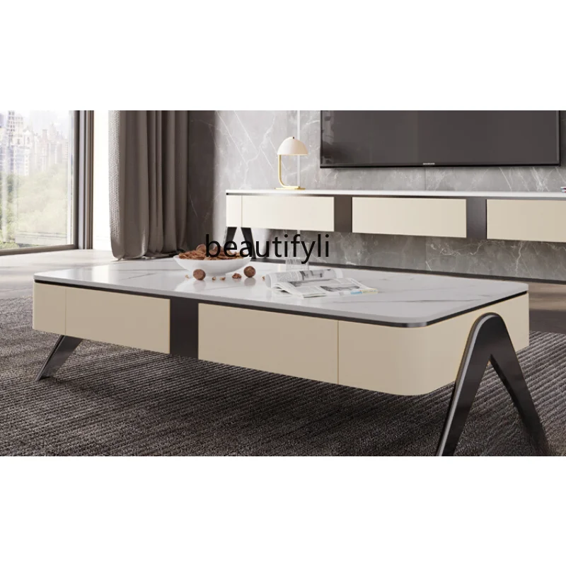 

Italian Stone Plate Coffee Table TV Cabinet Combination Light Luxury Modern Living Room Creative Square Coffee Table furniture