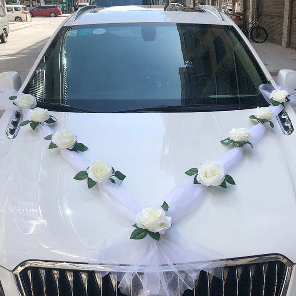 Hochzeitsauto-Dekorationsset 9-teilig Weiße Künstliche Rosen mit 160cm Organza-Band Brautauto-Dekoration