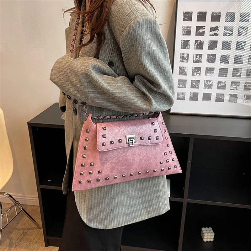 Chic Vintage Rivet Crossbody Bag - Waterproof Faux Leather, Adjustable Strap, Solid Color with Kiss Lock Closure