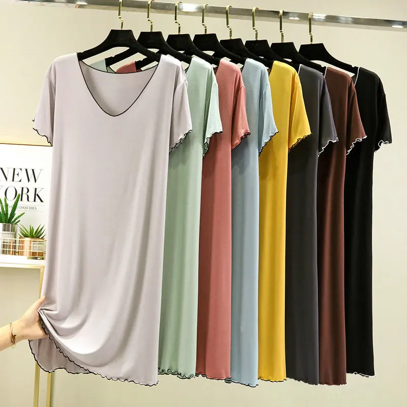 Casual V-ausschnitt Nachtwäsche Kleid Einfarbig Kurzarm frauen Nachthemden Sommer Nachthemd Weibliche Lounge Hause Tragen Nacht Hemd – Detail 1