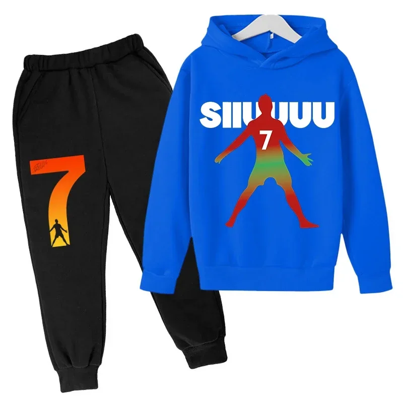 thumbnail image 1 of Conjunto de sudadera con capucha de primavera de Ronaldo, conjunto de 2 piezas de sudadera y pantalones azules informales para niños, ropa deportiva informal, chándal para niños, 1 of 5