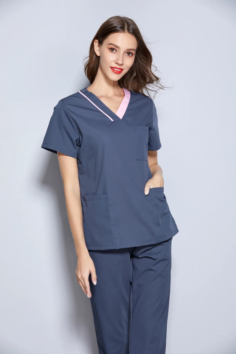 Women's Summer Multi Colorful Fancy V Neck Short Sleeve Dental Clinic Medical Uniforms Top and Long Pant Set Workingwear