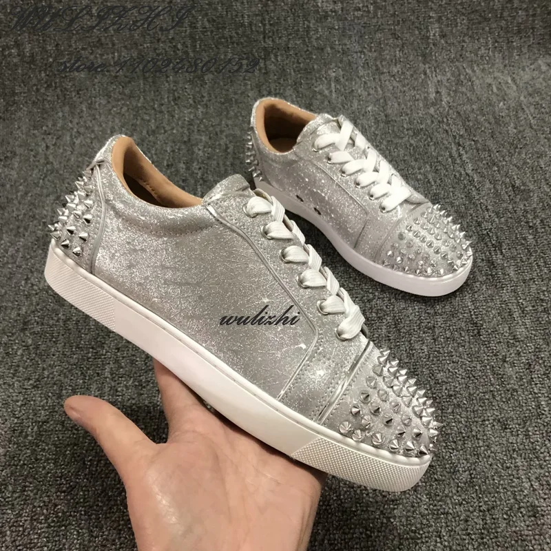Flat Rivet Silver Casual Shoes Women Clutch Design Crystal Sneakers Luxurious Round Concise Couple Metallic Glitter Lace Up Shoe 6