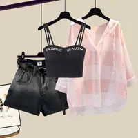 Fashion Tie-dyed Shorts Sunscreen Plaid Shirt Pink Bra Three-piece Elegant Women's Pants Set Summer Outfits Tracksuit for 2025 - Image 6