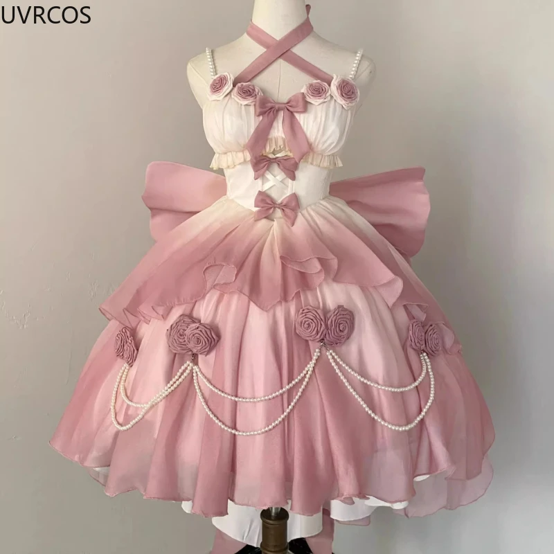 Retro Victorian Lolita Dress Elegant Women Sweet Bow Pearl Chain Ruffles Rose Flower Kawaii Gradient Pink Princess Dress