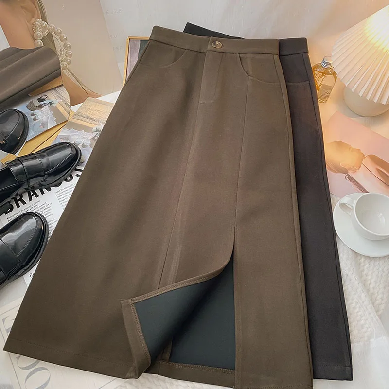 

Women Autumn Winter Skirts 2022 New Korean Style Slim All-matched High Waist A-line Mid-long Split Skirt Elegant Ladies Clothes