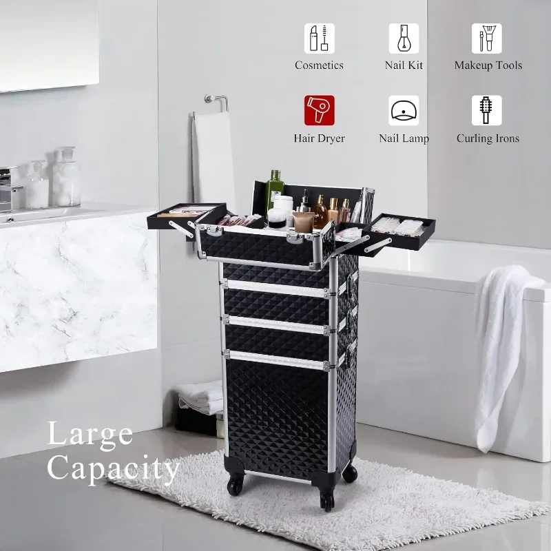 4 in 1 Rolling Makeup Case Cosmetic Train Case Trolley Roll Travel Box for Makeup Artist, Hairstylists, Nail Tech Makeup Cart 5