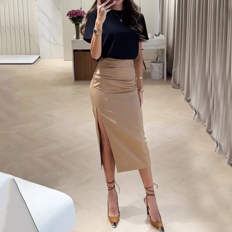 

LIYONG Women Two Piece Set Summer Fashion O Neck Short Sleeve Solid Short Top Slim Folds Slit Skirt Set Elegant Streetwear