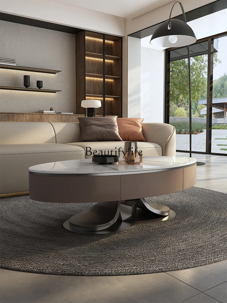 

Italian Light Luxury Stainless Steel Oval Stone Plate Designer Living Room Artistic Sense Simple Coffee Table