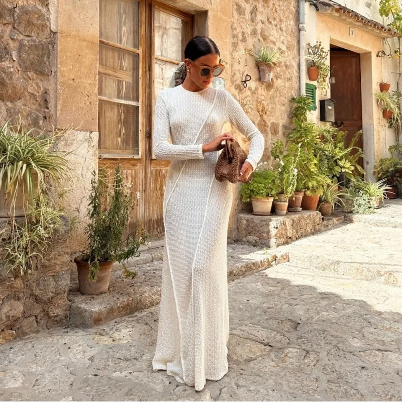 

New Autumn Women's Elegant Solid Hollow Out Knitted Maxi Dress With Fashion O Neck Long Sleeve For Vacation Party Vestidos