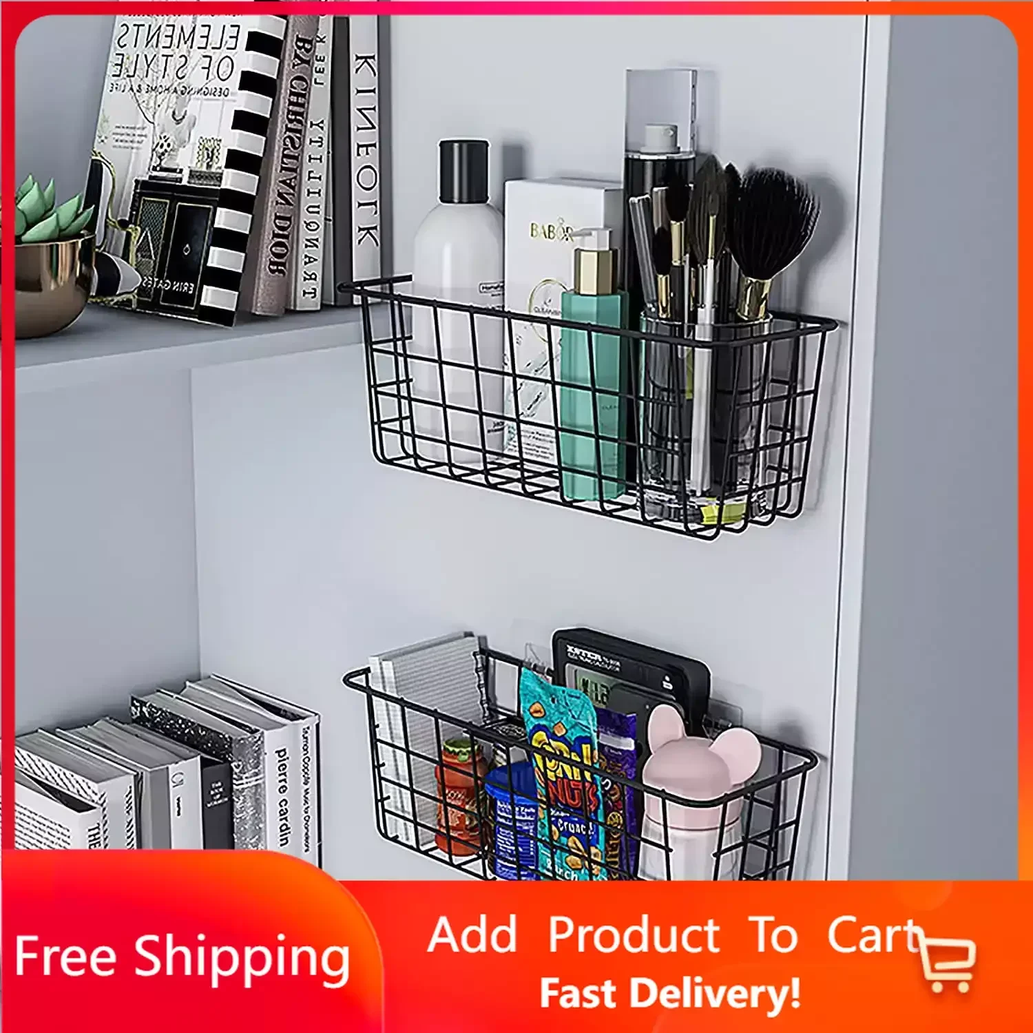 

Hanging Metal Storage Basket No Drilling Wall Mounted, Black, Set of 2 Storage Baskets Organizer Free Shipping