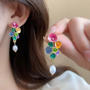 Fashion Colorful Drip Oil Flower Pearl Drop Earrings for Women Vintage Metal Irregular Geometric Long Earring Party Jewelry Gift