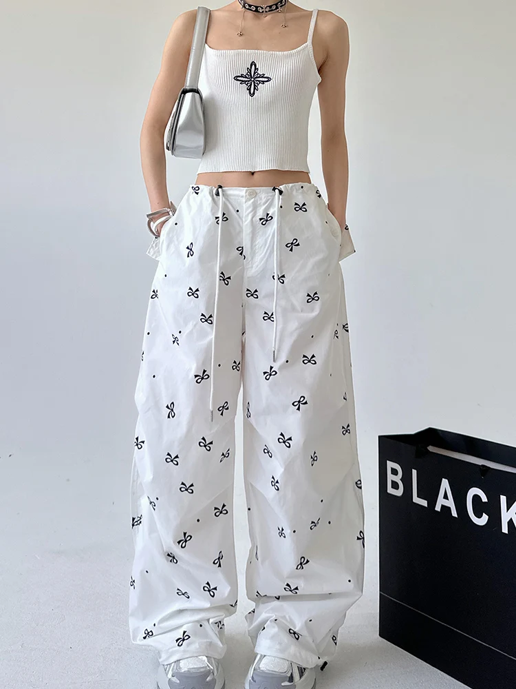 

Брюки-карго женские в горошек с бантом, нишевой дизайн в Корейском стиле, эластичные плиссированные свободные штаны с широкими штанинами и завязками