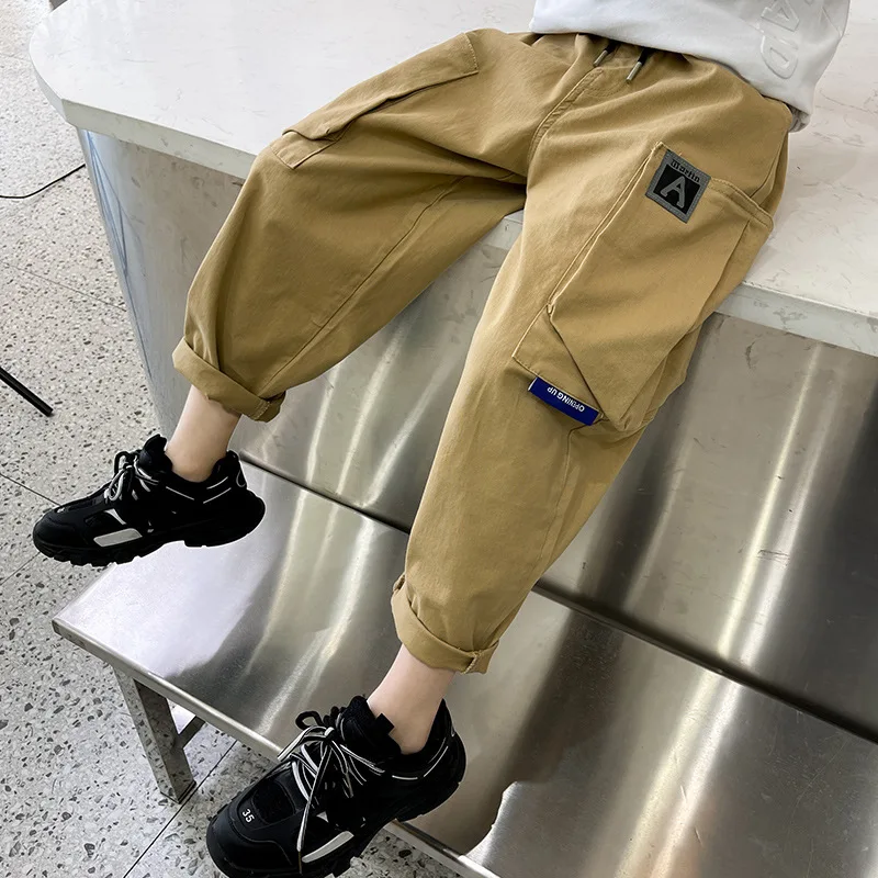 

Boys Casual Jogging Pants Pockets Pants Solid Color Waist Drawstring Cargo Pants Kids Clothing Trousers Streetwear Outdoor Pants