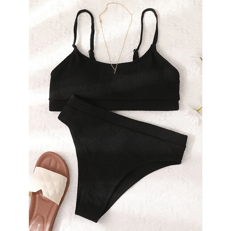 three piece bikini High Waist Bikinis Swimsuit Women Push Up Sexy Solid Ribbed Sling Bathing Suits Summer Triangle Bikini Swimwear Beachwear Sets bikini shorts set