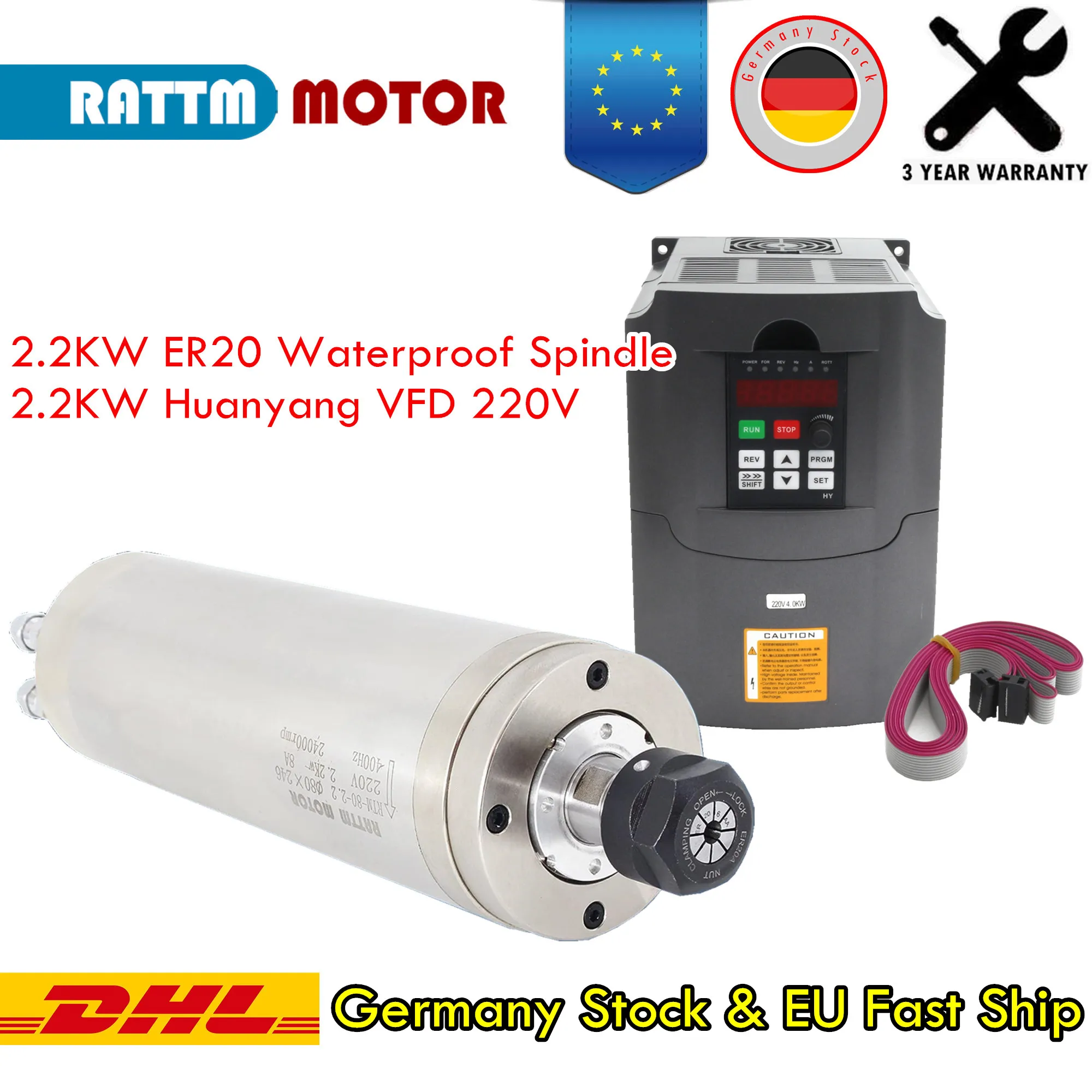 

【EU】CNC Router Kit Waterproof Water Cooled Spindle Motor 2.2KW 220V ER20 For Metal & Inverte VFD 220V for CNC Milling Machine