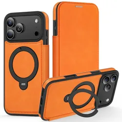 Leather Flip Case with Wireless Charging & Card Slots - Includes Kickstand Feature - iPhone 14 Plus (Orange)