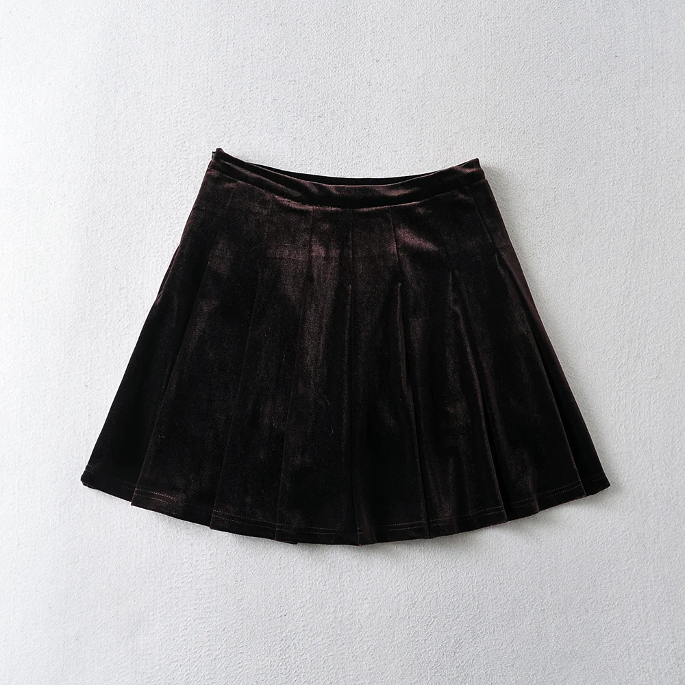 black mini skirt Summer new street style solid color high waist, thin and anti-glare A-line skirt women's sexy pleated short velvet skirt women leather skirt