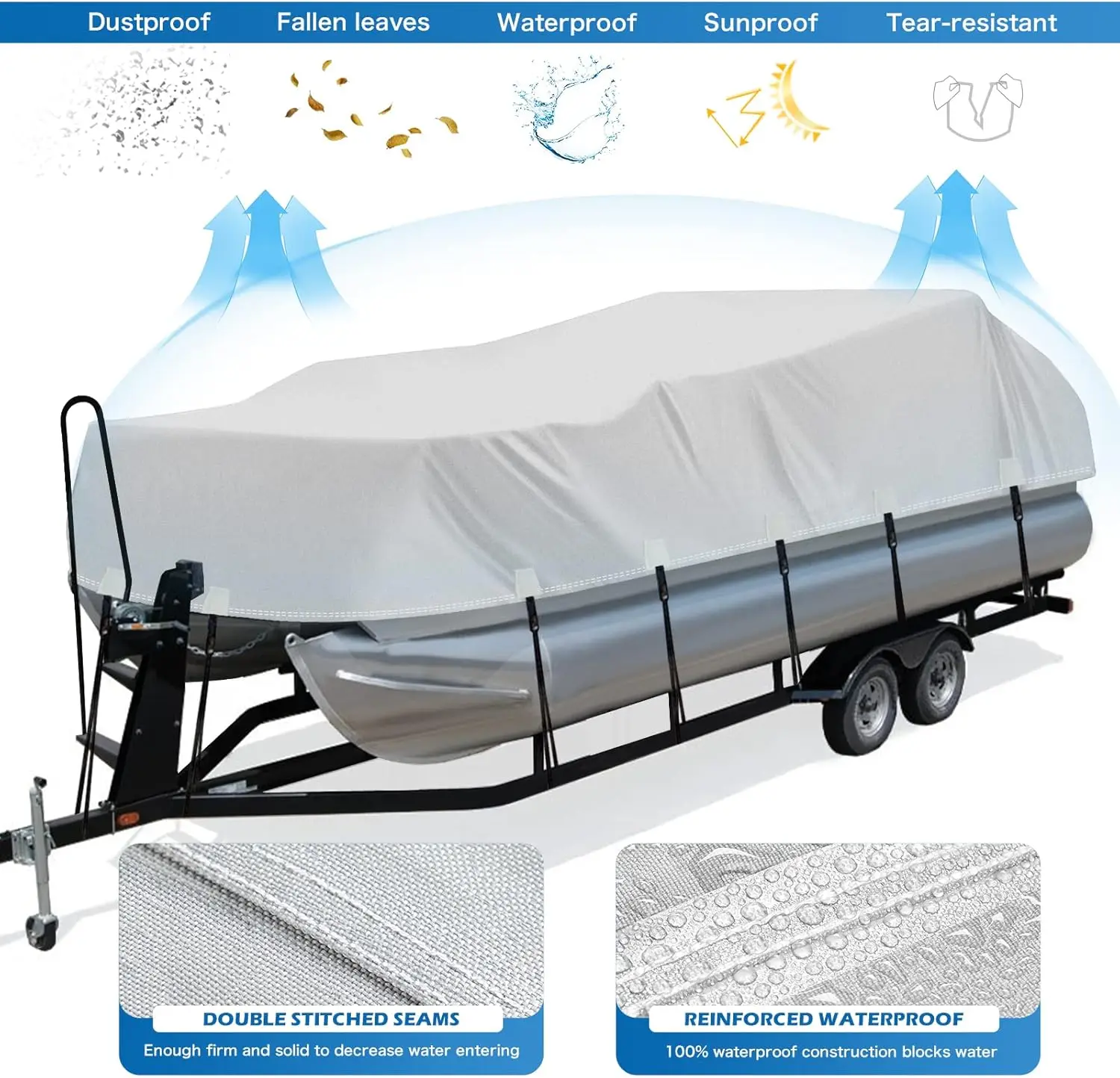 Trailerable 1200D PU Heavy Duty Pontoon Boat Cover, 16-18ft Marine Grade Waterproof UV Resistant Oxford Polyester Canvas Cover