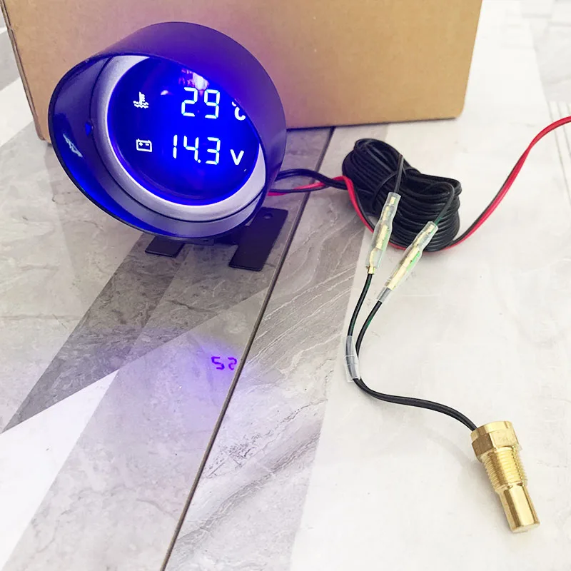 2 in 1 자동차 온도계 원형 LED 디지털 수온 게이지 트럭 전압계 엔진 과열 경보 전압 모니터 12V24V