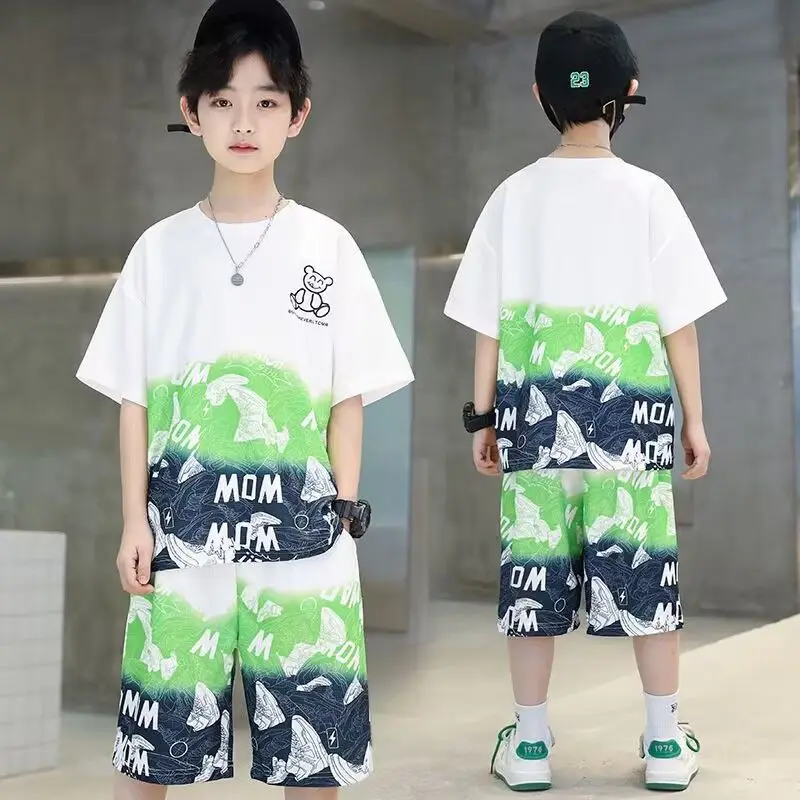 

Summer Teenager Boys' Sets T-Shirts Losoe Shorts Two Pieces Cartoon Bear Letter Print Contrast Color Causal Sport 5-12 Years Old