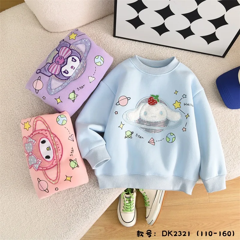 

Girls Space My Melody Cinnamoroll Kuromi Round Neck Casual Plush Thickened Sweater Wearing Cartoon Christmas Birthday Gift