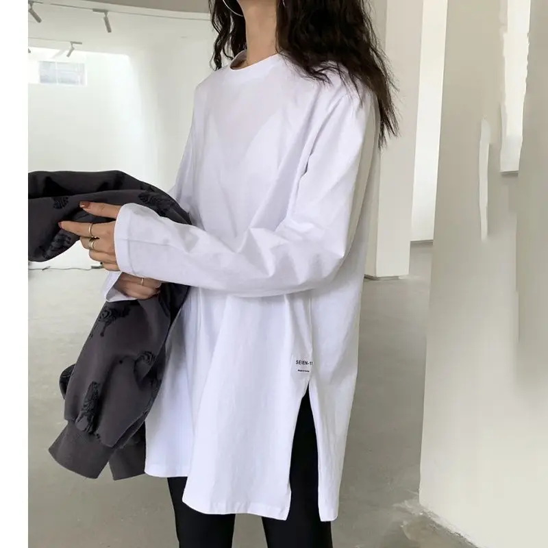 

Женская свободная футболка, футболка с длинным рукавом, Женский Топ, Корейская хлопковая Футболка с разрезом, Повседневная Базовая Однотонная футболка оверсайз, Длинные Топы