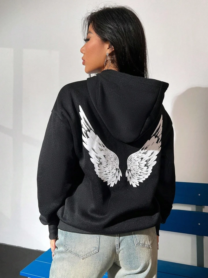 Pull à Capuche Femme Oversize Avec Imprimé Ailes – Style Streetwear Y2K – Confortable, Manches Longues – Automne/Hiver