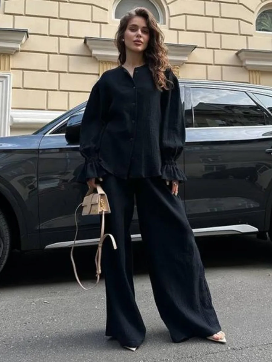 Bornladies Women's New 2025 Autumn Cotton Lantern Sleeve Long Sleeve Set Loose Cardigan Wide Leg Pants 2-Piece Set