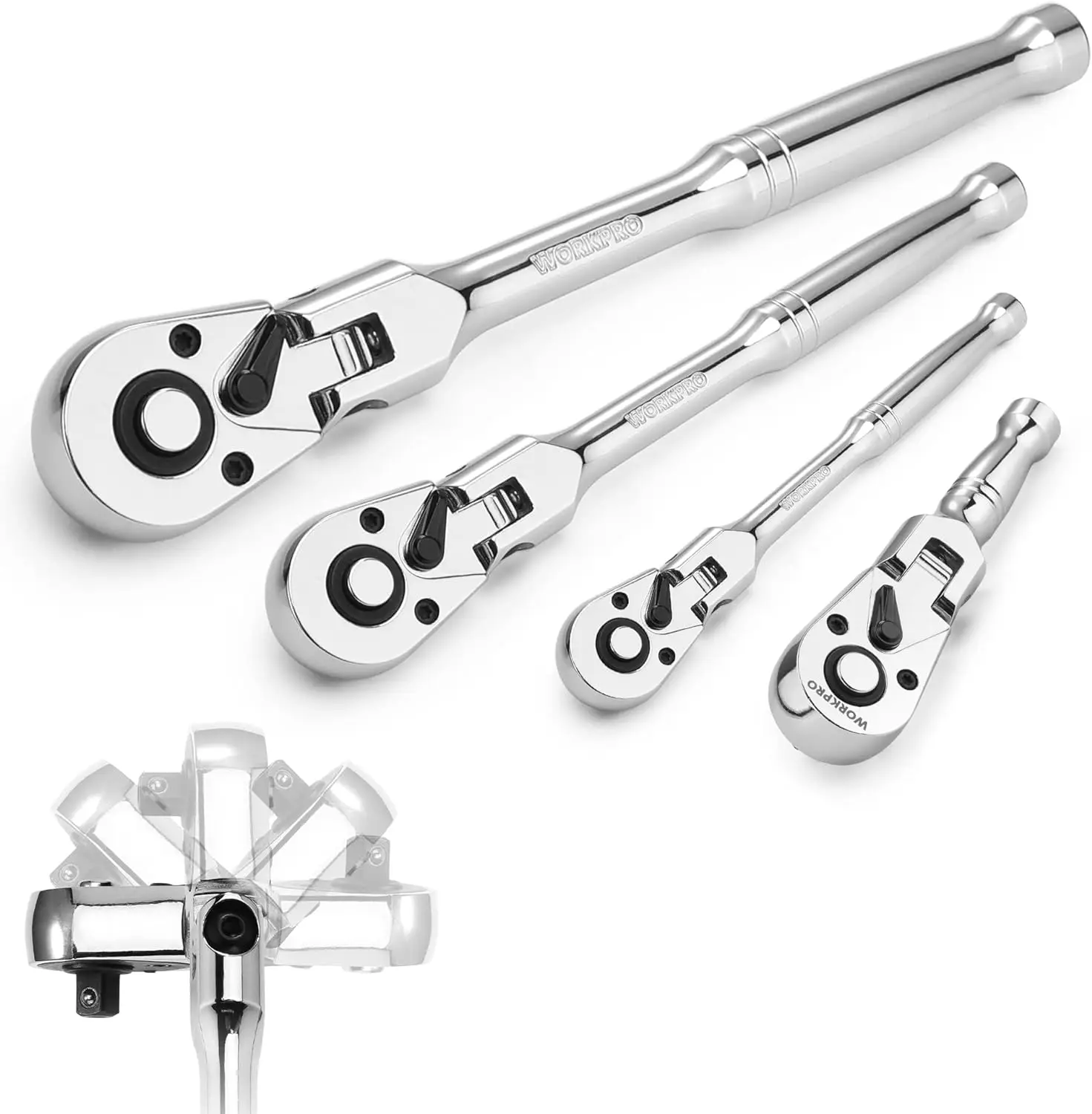 WORKPRO 4-Piece Flex Head Ratchet Set 1/4" 3/8" 1/2" Drive 3/8" Stubby 72 tooth chrome plated quick release 5 Degree Swing