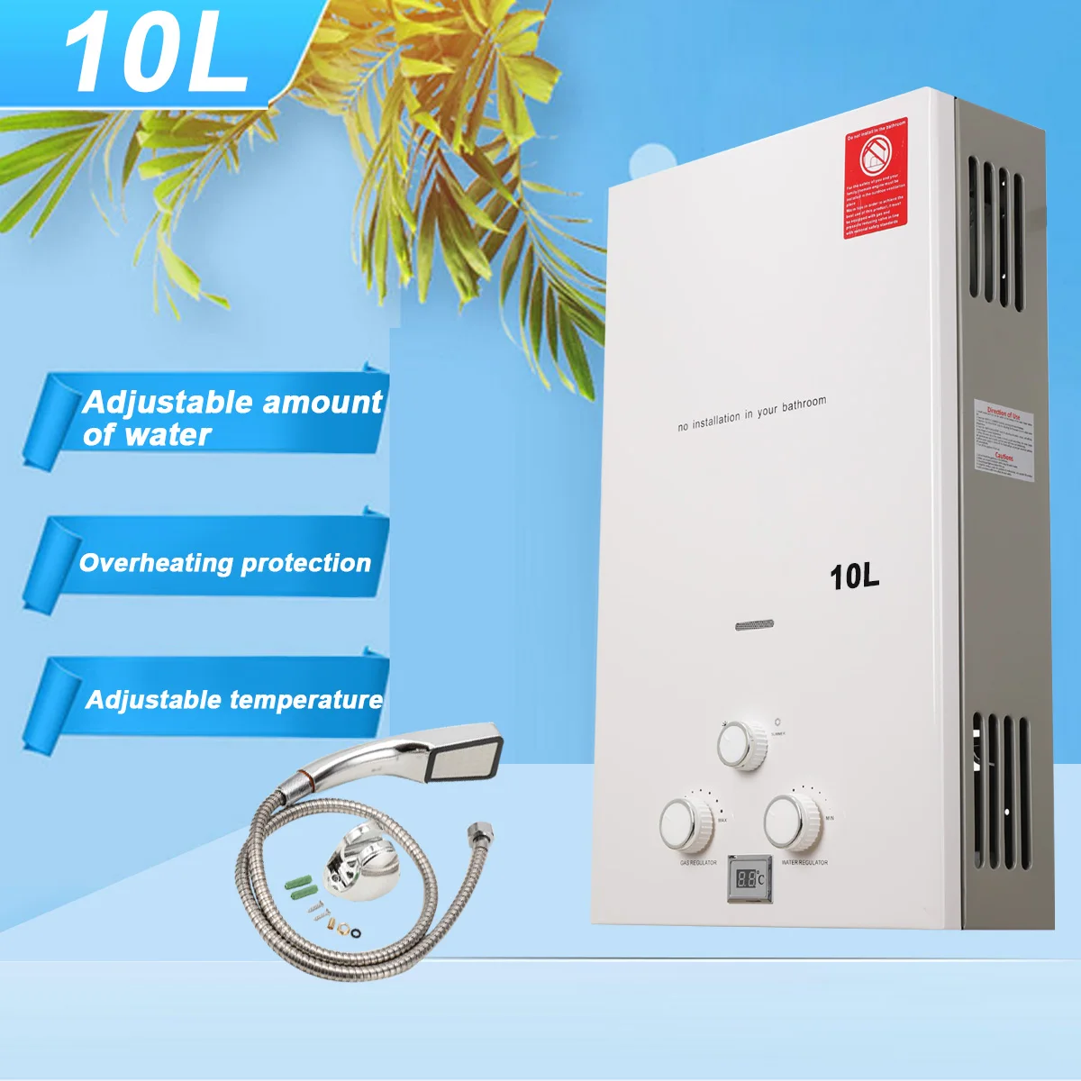 10L 20KW Tankless Propane Water Heater LPG Propane Gas Instant Hot Water Heater Boiler For Outdoor Camping With Shower Head Kit