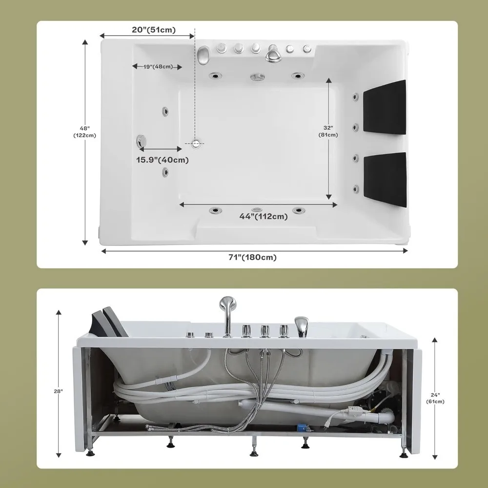 Double Head Acrylic Whirlpool Bathtub, 2-person Hydraulic Massage, Rectangular Water Spray, Niche Soaking SPA, 72" 6