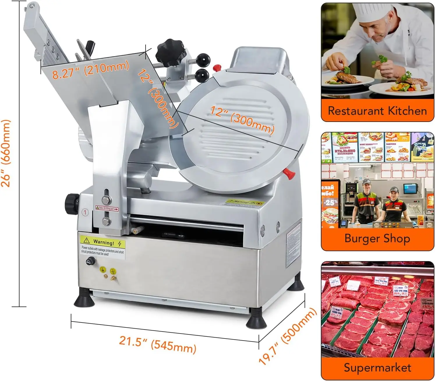 Automatic Meat Slicer, 550W Meat Slicer Commercial With 12"" Carbon Steel Blade, 0～14 Mm Adjustable Thickness Suitable For 6