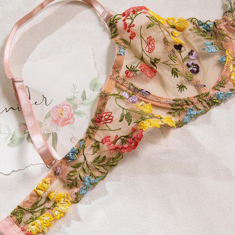 Sexy Perspective Lingerie Fancy Lace Set 2 Pieces Transparent Women'S Underwear See Through Floral Embroidery Bra And Panty Set