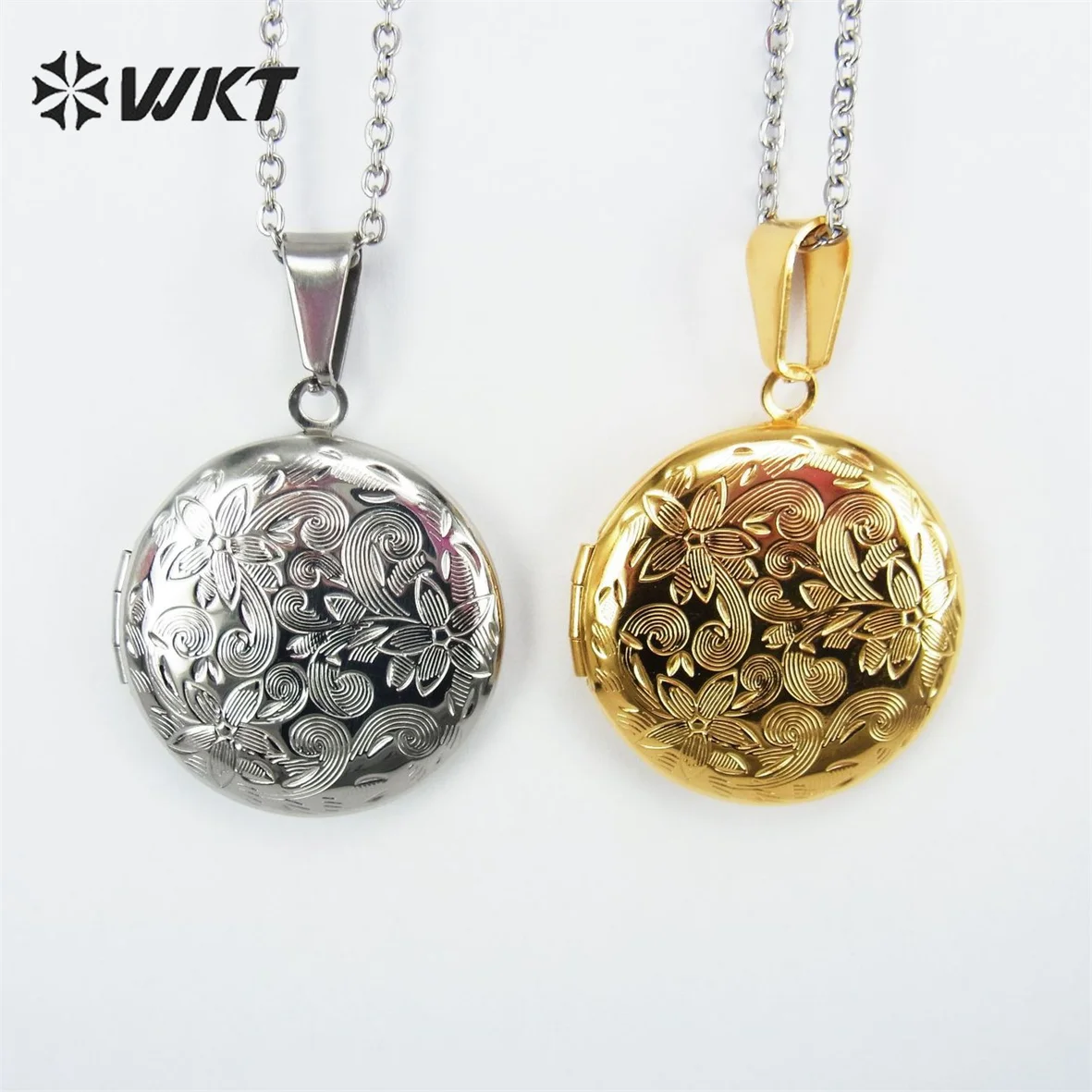 

WT-REN029 WKT Stainless Steel Necklace Round Engraved Flower Pattern Pendant Photo Box Pendant Delicate Women's Jewelry Gift