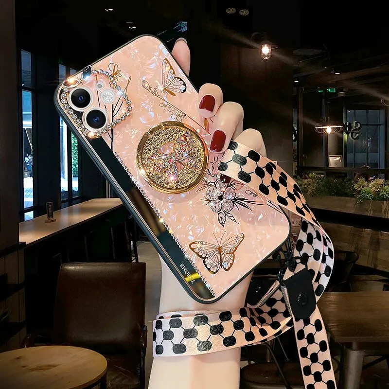

Luxury Glitter Diamond Holder Butterfly Phone Case For Samsung S23 S22 S21 S20 Plus + Ultra Fe Note 20 ZFlip 3 ZFold 4 A13 Cover