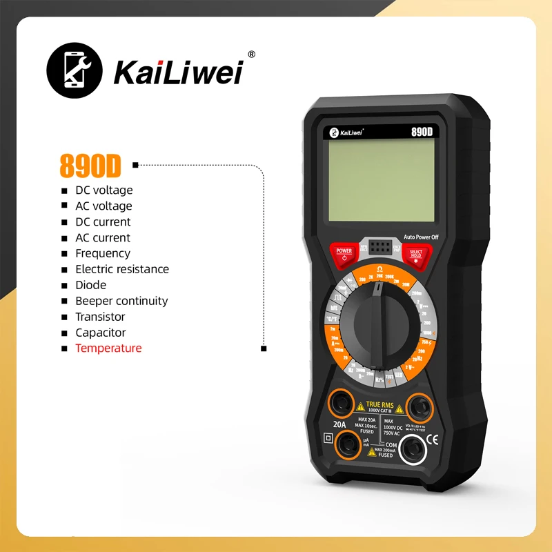 

Kailiwei Multimeter 890D Multimetro Tester Digital Multimeter Counts Auto Ranging AC/DC Voltage Temperature Measuring