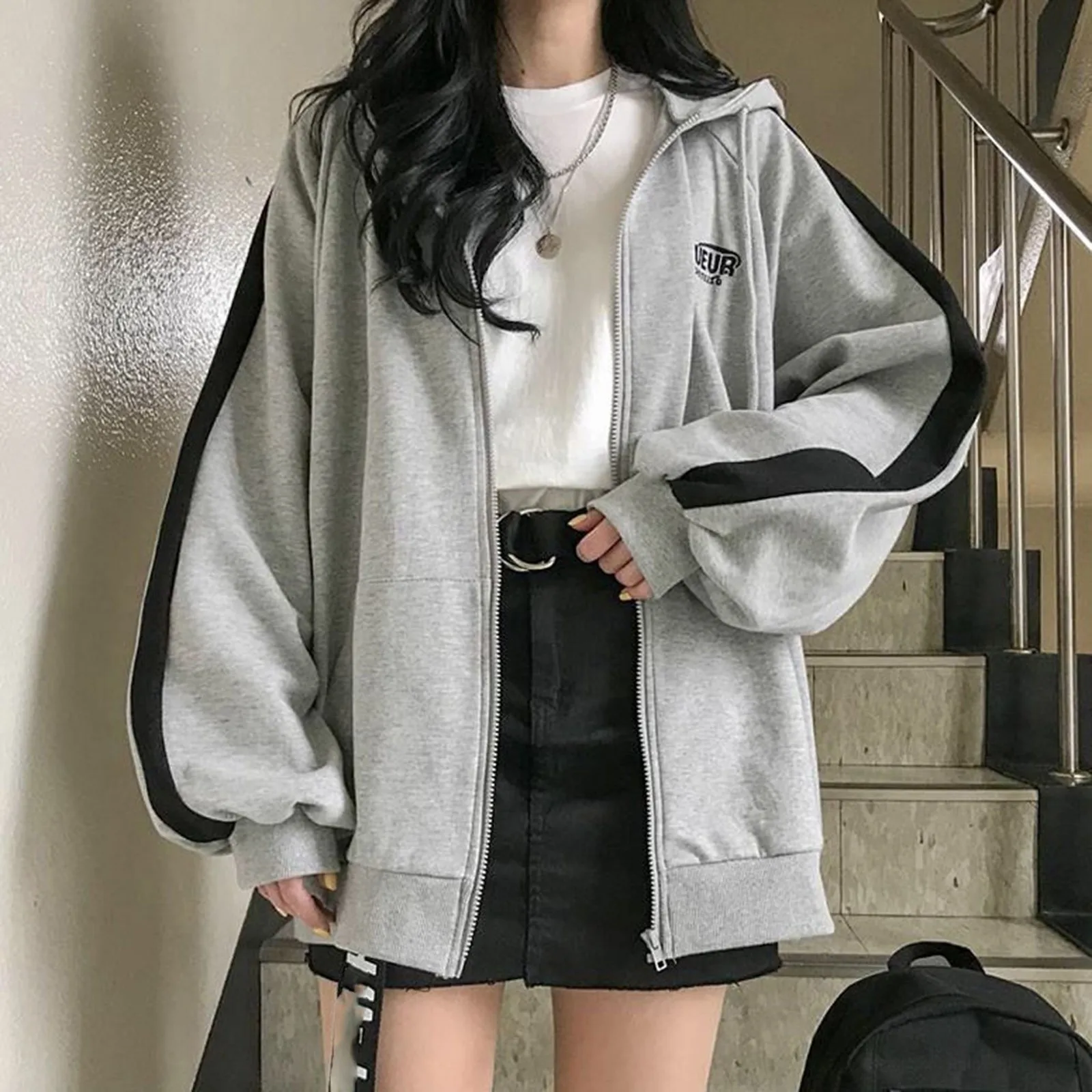 

Women Harajuku Zip Up Hoodie Vintage Long Sleeve Oversized Solid Color Hoodies Autumn Korean Style Pocket Drawstring Sweatshirt