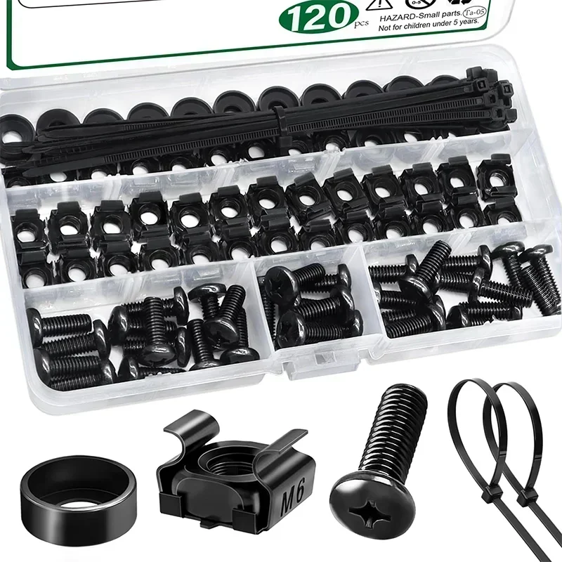 120 ชิ้น M6 กรงสกรู Nut เครื่องซักผ้า Self - Locking Cable Ties ชุดเมตริกด้ายสําหรับ Server ชั้นวางตู้ Rack Mount Assortment Kit 1