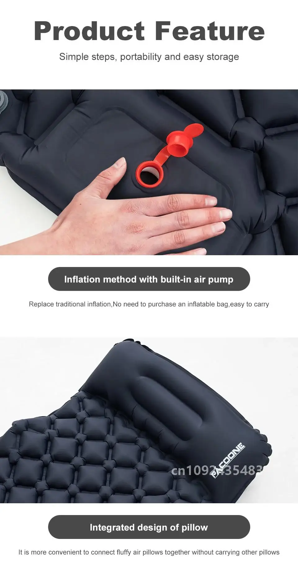 Description Picture 6 of itemPACOONE Outdoor Sleeping Pad Camping Inflatable Mattress Built-in Pump Ultralight Air Cushion Travel Mat With Headrest For Trave