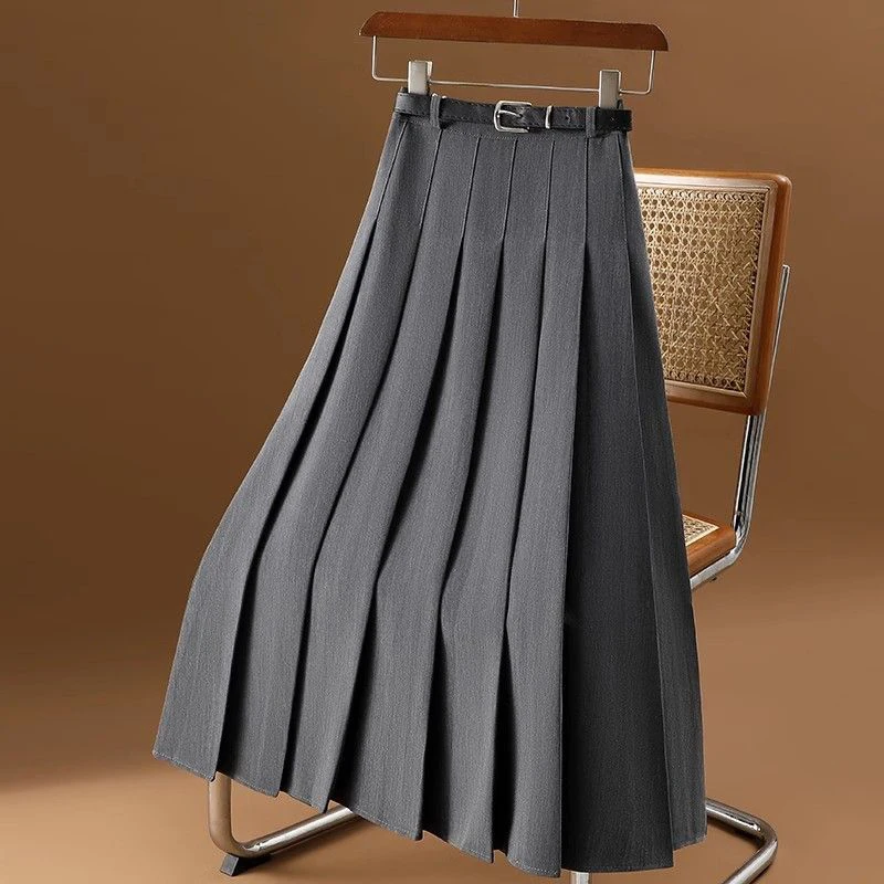 

Black Skirt Elegant Midi Skirts Women Vintage High Waist Pleated Skirt Streetwear Korean Fashion Grey Casual All Match A Line Sk