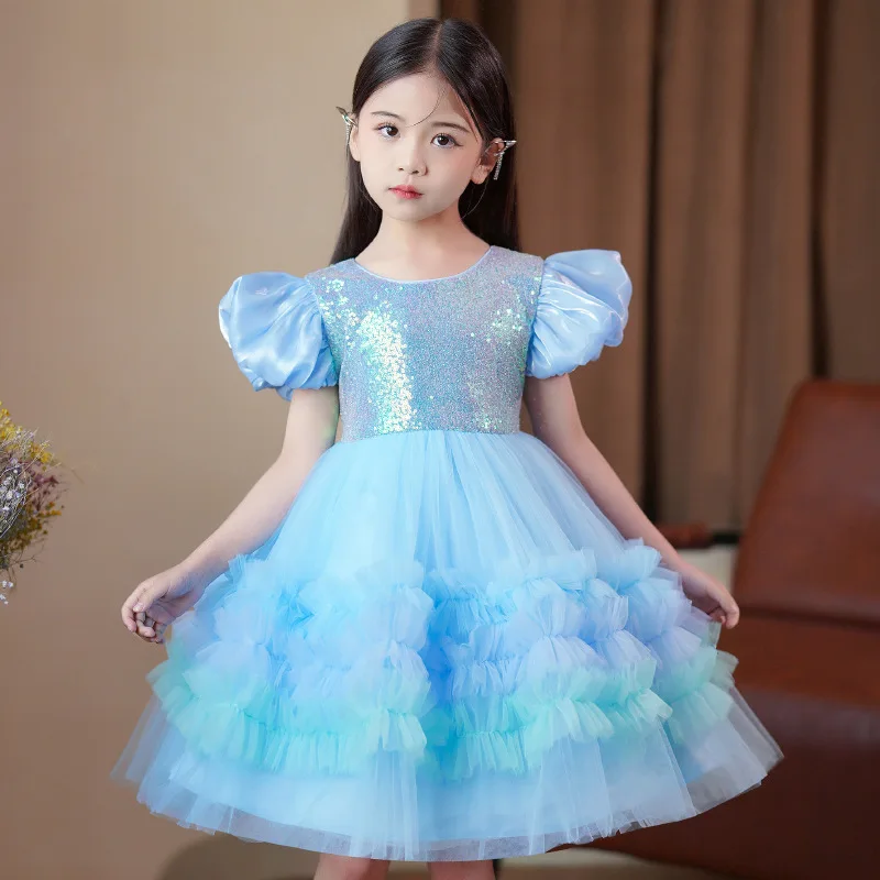 

Girls Birthday Dress Sequined Children Princess Dress For Kids Summer Clothes Ball Gown Blue 4-8Y