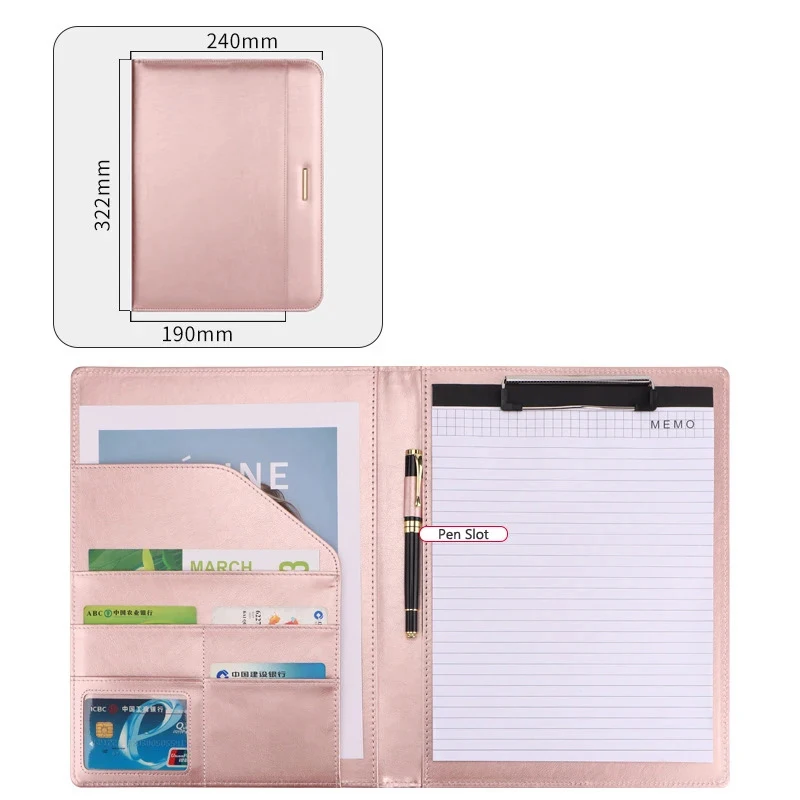 

A4 Business Padfolio File Folder Rose Gold Document Holder Clipboard Folder Leather Desk Organizer Meeting Writing Pad Office