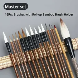 Deluxe Chinese Calligraphy Brush Set with Bamboo Roll-up Holder for Sumi Painting and Watercolor Art (16pcs Master Set)